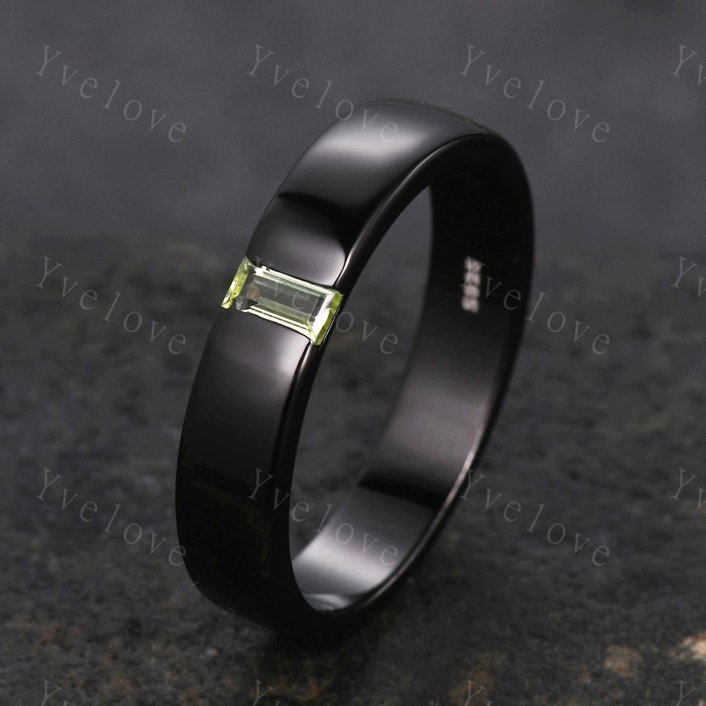 Mens Peridot Wedding Band Baguette Shaped Peridot Band 5mm Solid Black Gold Ring Mens Stacking Matching Band Retro Vintage Ring Gift Custom