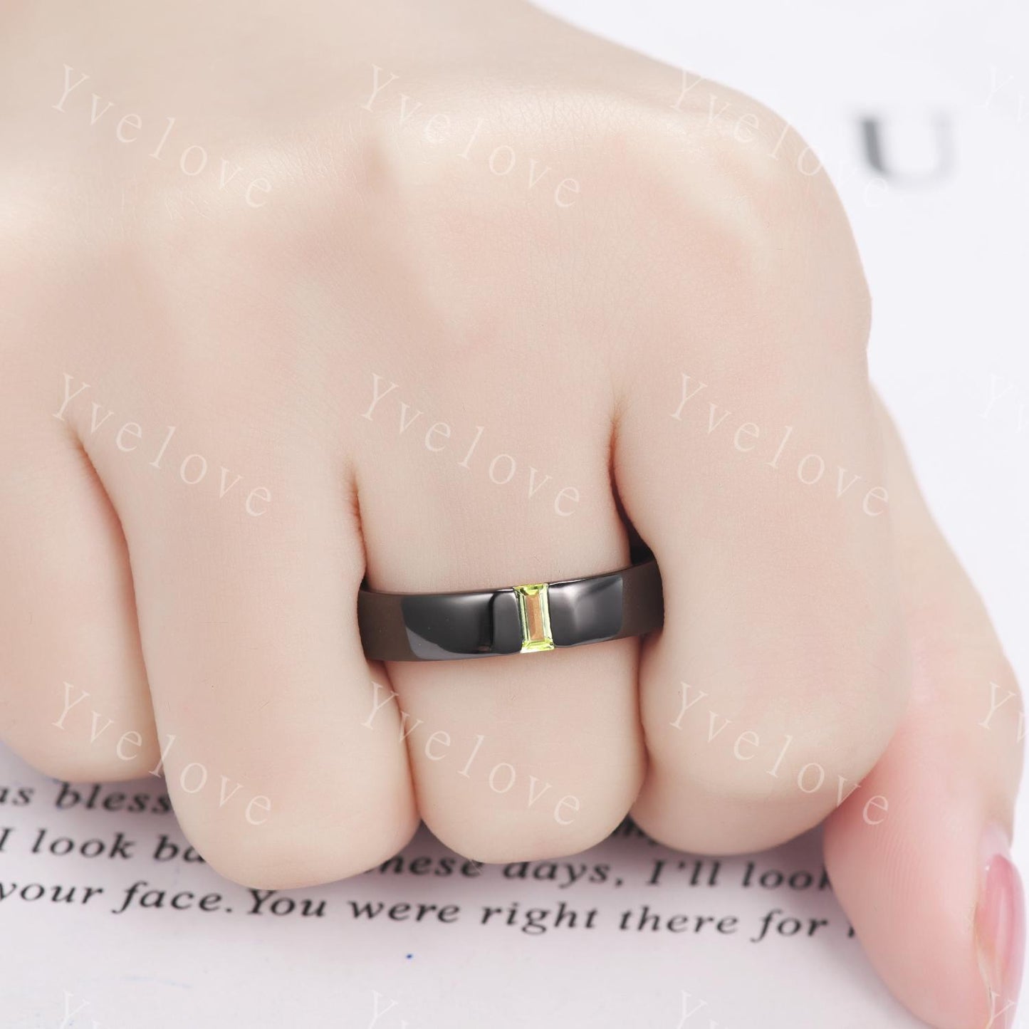 Mens Peridot Wedding Band Baguette Shaped Peridot Band 5mm Solid Black Gold Ring Mens Stacking Matching Band Retro Vintage Ring Gift Custom