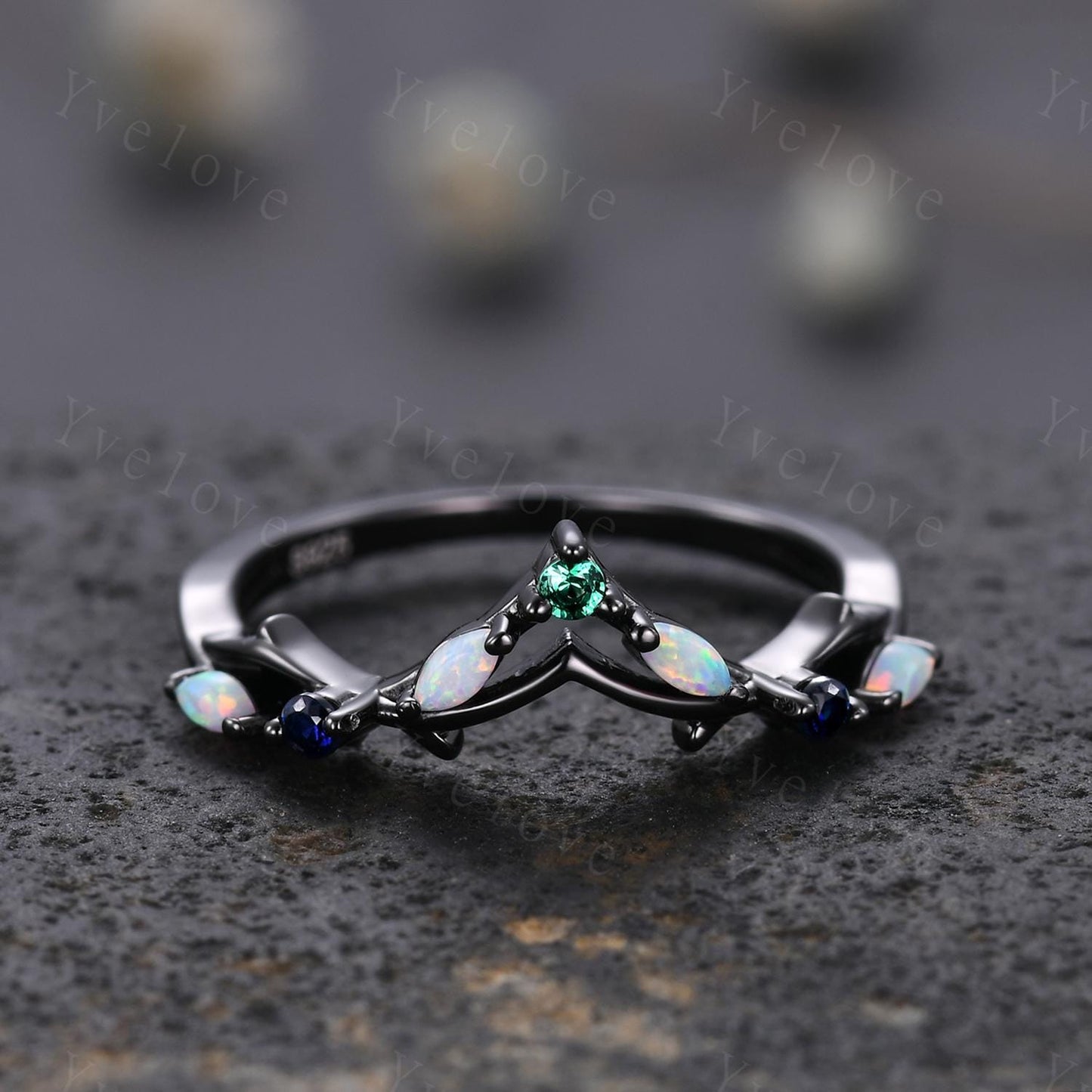Antique Emerald Opal wedding band Sapphire Ring,Women Twig Matching Band,Gothic V Curved Branch Wedding Band,Black Gold Ring,Custom Gift
