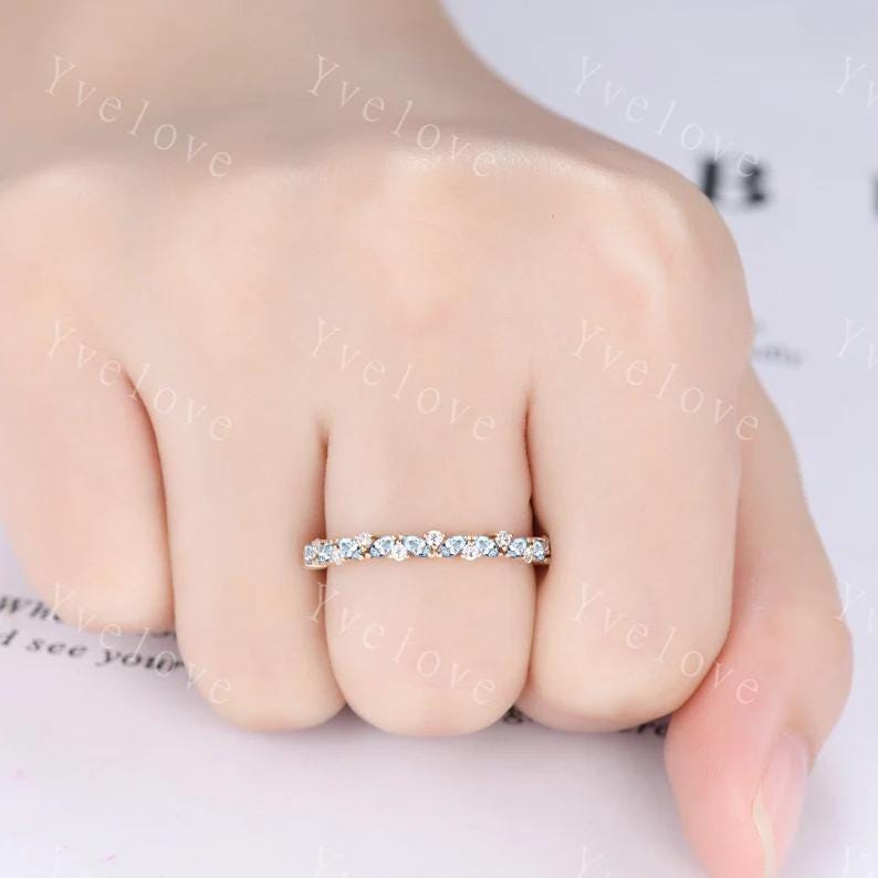 Marquise aquamarine wedding band vintage aquamarine ring gold diamond antique unique stacking band anniversary promise ring matching band