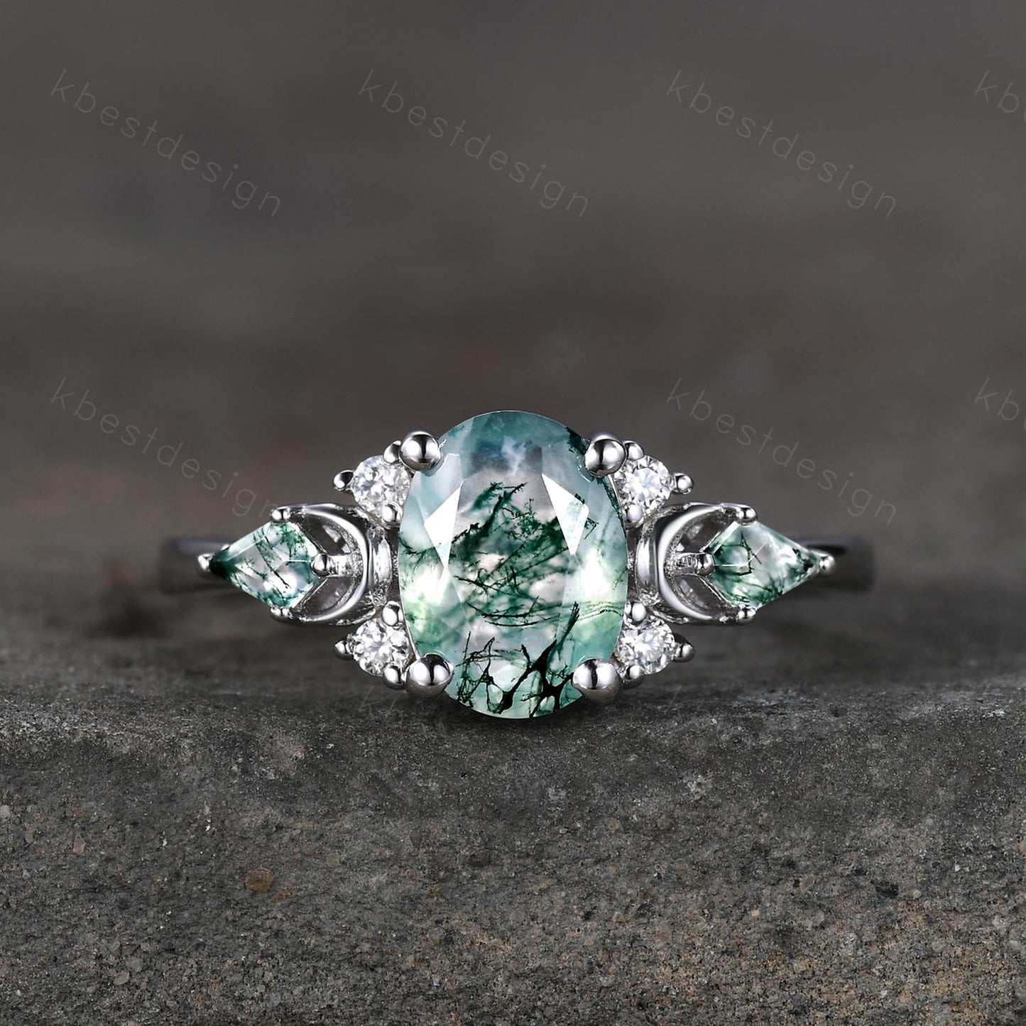 Vintage moss agate engagement ring unique promise ring for women crescent style ring kite cut moss agate cluster ring bridal ring