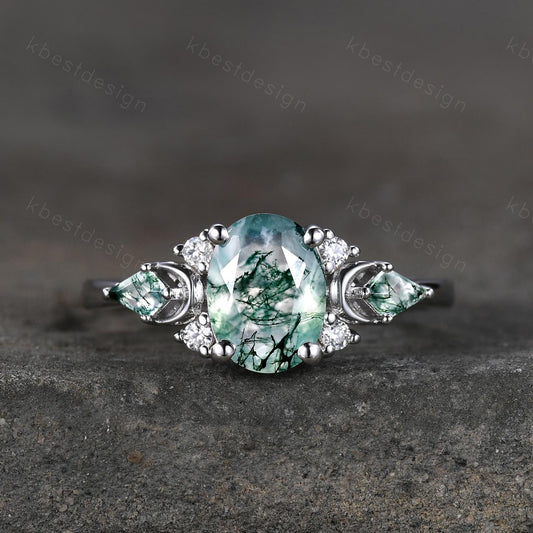 Vintage moss agate engagement ring unique promise ring for women crescent style ring kite cut moss agate cluster ring bridal ring