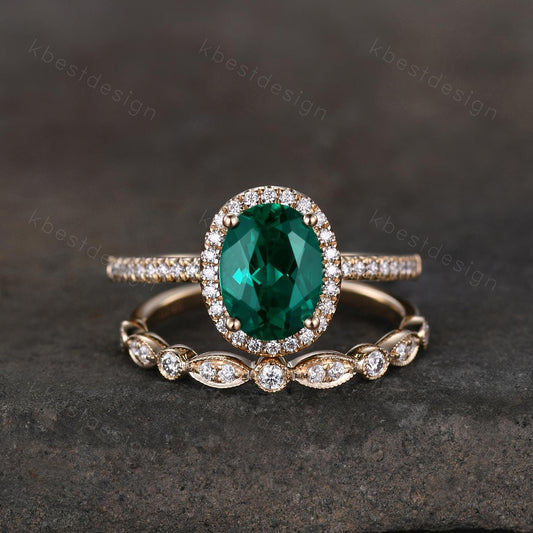 Emerald ring vintage unique oval emerald engagement ring set 14k solid gold ring for women Art deco moissanite wedding band May birthstone