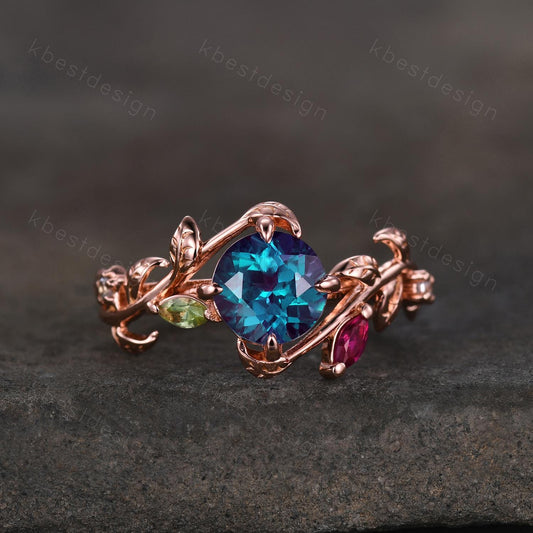 Vintage alexandrite engagement ring rose gold twig leaf ring art deco cluster peridot ruby ring nature inspired ring multi stone ring