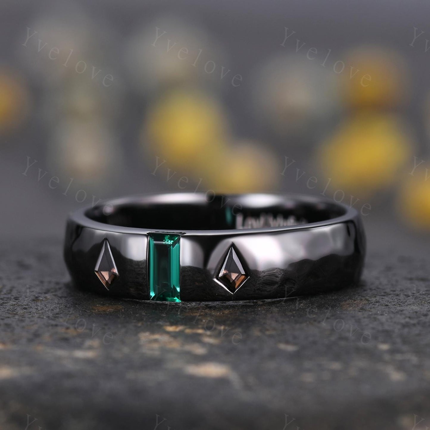 5mm Baguette Cut Emerald Ring Mens Kite Smoky Quartz Wedding Band 3 Gems Black Band Ring Mens Stacking Matching Band Retro Vintage Ring Gift