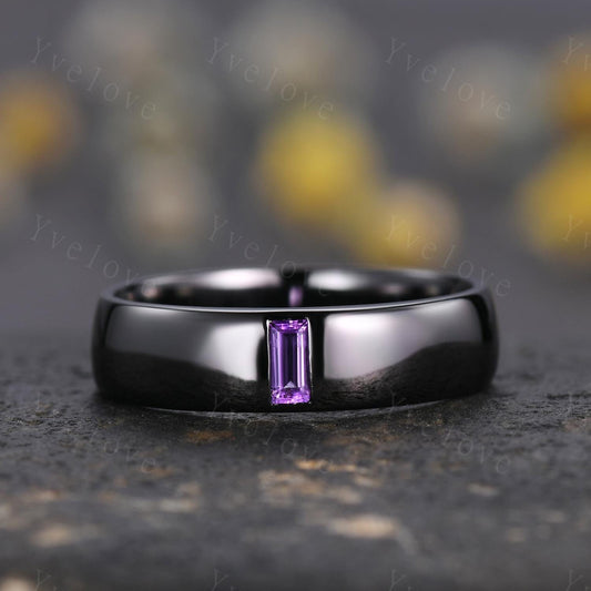 Mens Amethyst Wedding Band Baguette Amethyst Band 5mm Black Gold Ring Bezel Set Mens Smooth Stacking Matching Band Retro Vintage Ring Gift