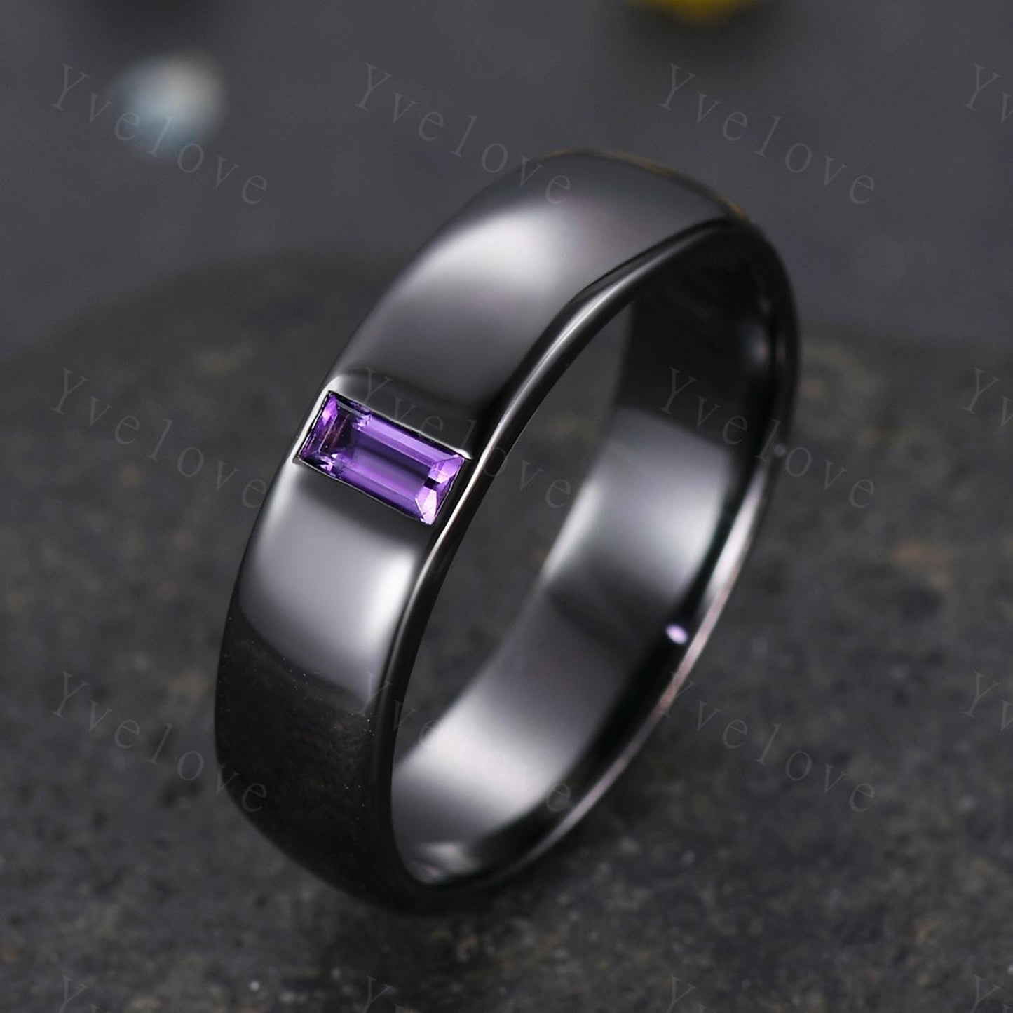 Mens Amethyst Wedding Band Baguette Amethyst Band 5mm Black Gold Ring Bezel Set Mens Smooth Stacking Matching Band Retro Vintage Ring Gift
