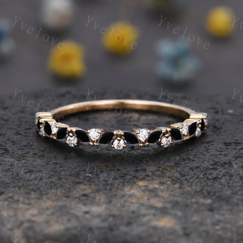 Marquise Moissanite wedding band 14k gold vintage yellow moissanite ring antique unique stacking matching band anniversary gift promise ring