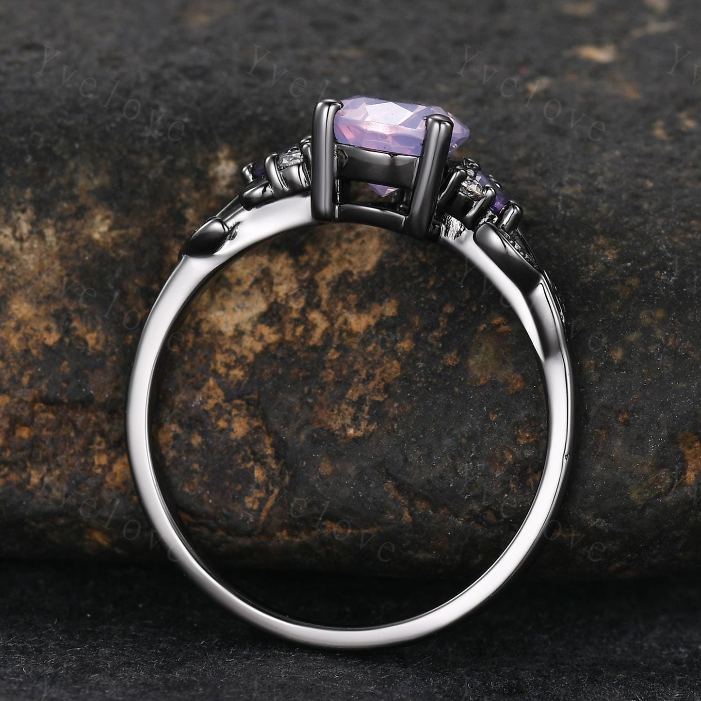 Gothic Pear Cut Natural Lavender Amethyst Engagement Ring February Birthstone Amethyst Ring Black Gold Leaf Nature Inspired Bridal Ring Gift