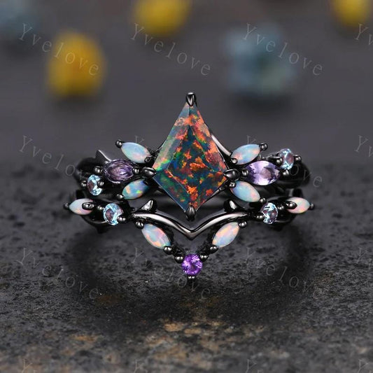 Vintage Kite Cut Black Fire Opal Engagement Ring Set,Black Gold Ring,Vines Black Opal Ring,Women Bridal Set,Unique Twig Promise Ring Gift