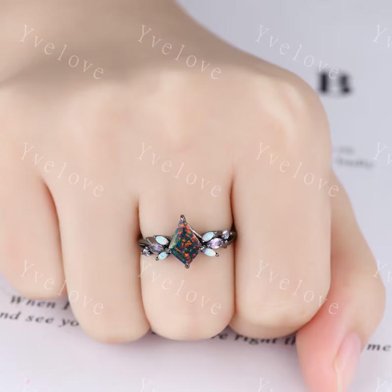 Vintage Kite Cut Black Fire Opal Engagement Ring Set,Black Gold Ring,Vines Black Opal Ring,Women Bridal Set,Unique Twig Promise Ring Gift