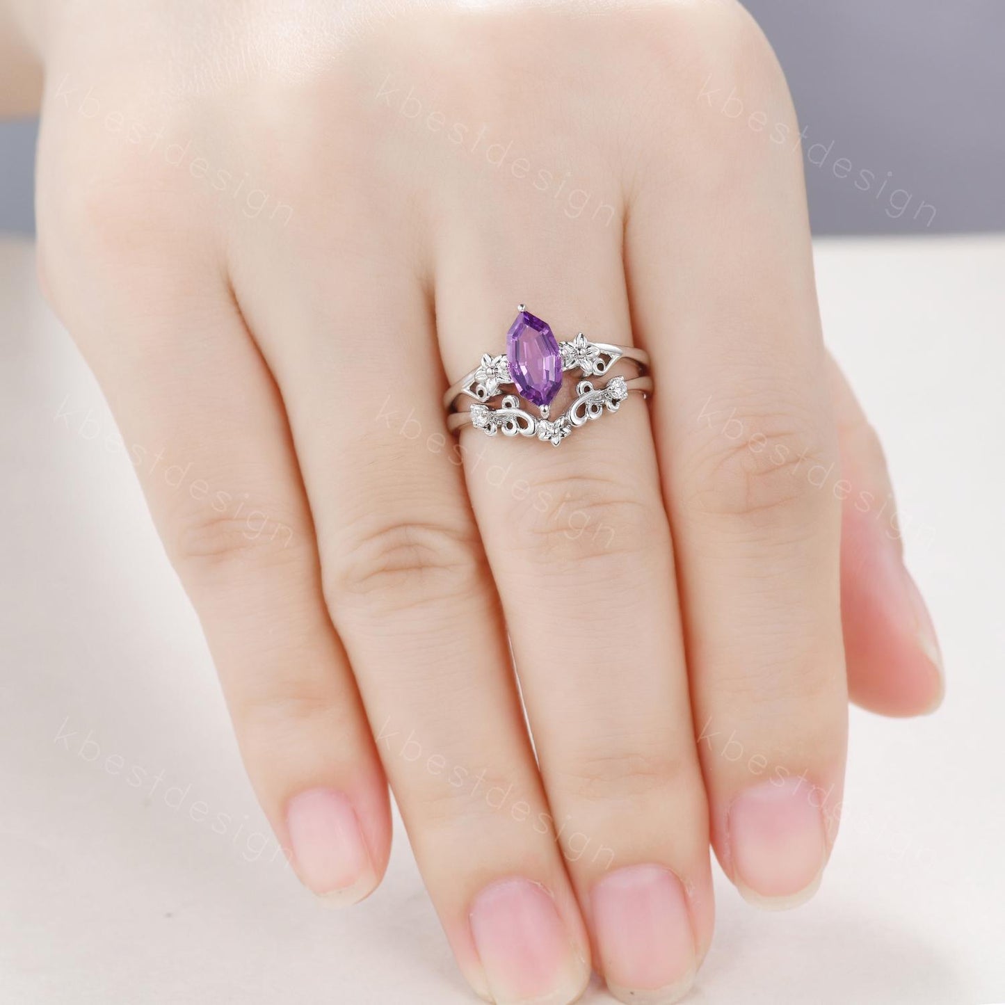 Antique Amethyst Engagement Ring Floral Hexagon cut Amethyst Bridal Set Unique Curved Moissanite Wedding Ring Anniversary Promise Gift