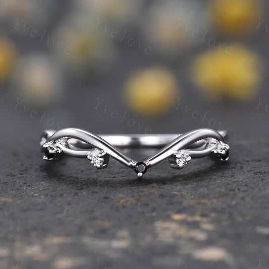 Vintage Twig Engagement Ring,Twig Stacking Band,Women Vine Diamond Band,Art Deco Curved Branch Black Spinel Wedding Band,925 Silver Ring