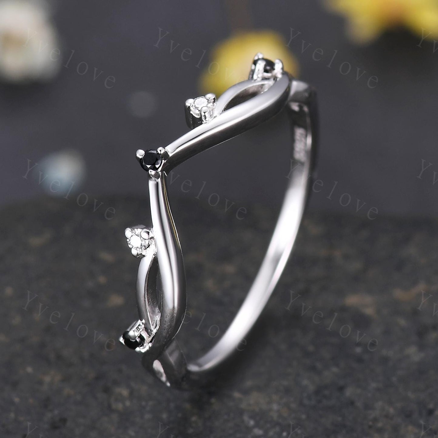 Vintage Twig Engagement Ring,Twig Stacking Band,Women Vine Diamond Band,Art Deco Curved Branch Black Spinel Wedding Band,925 Silver Ring