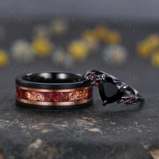 Natural Heart Black Onyx Couples Ring Set,Red Garnet Twig Leaves Bridal Set,Red And Golden Black Tungsten Matching Band Unique Promise Gift