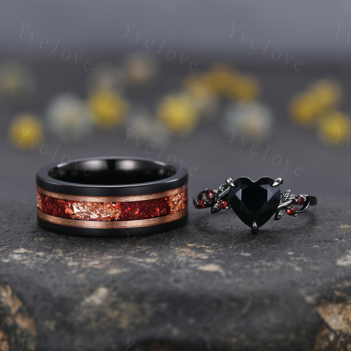 Natural Heart Black Onyx Couples Ring Set,Red Garnet Twig Leaves Bridal Set,Red And Golden Black Tungsten Matching Band Unique Promise Gift