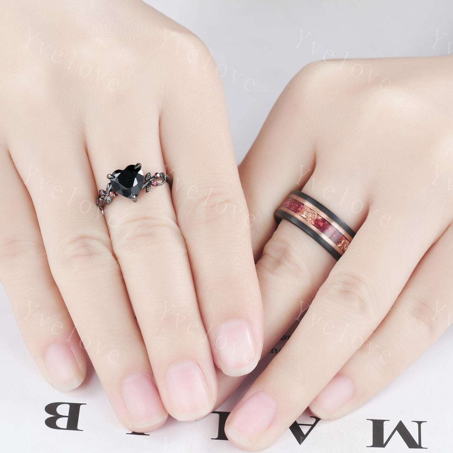 Natural Heart Black Onyx Couples Ring Set,Red Garnet Twig Leaves Bridal Set,Red And Golden Black Tungsten Matching Band Unique Promise Gift