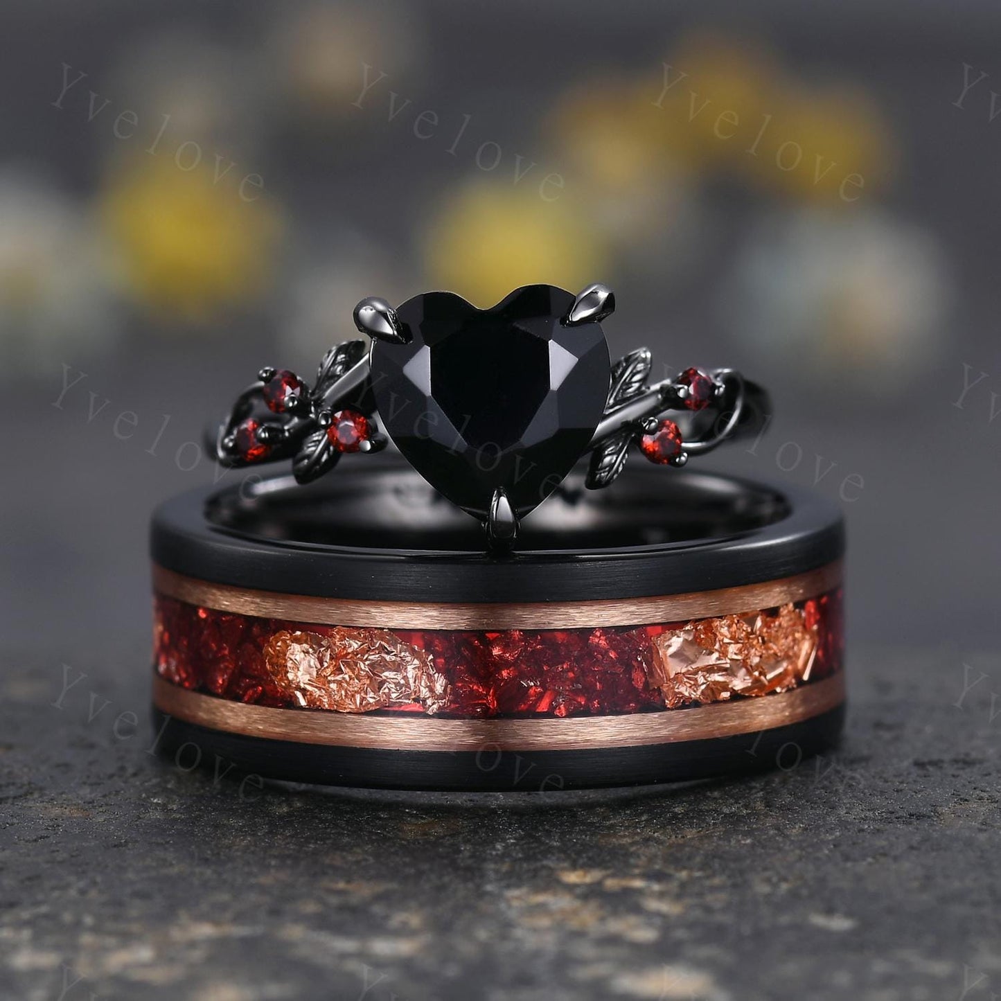 Natural Heart Black Onyx Couples Ring Set,Red Garnet Twig Leaves Bridal Set,Red And Golden Black Tungsten Matching Band Unique Promise Gift