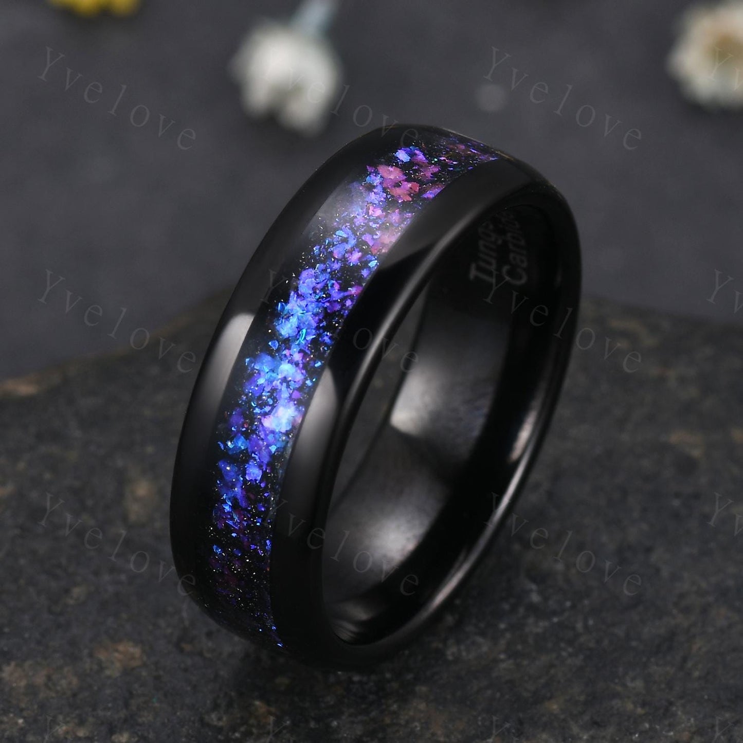 Blue Sapphire Outer Space Couples Ring Set,Galaxy Matching Ring,His and Hers Wedding Band,Tungsten Black Gold Silver Promise Engagement Ring