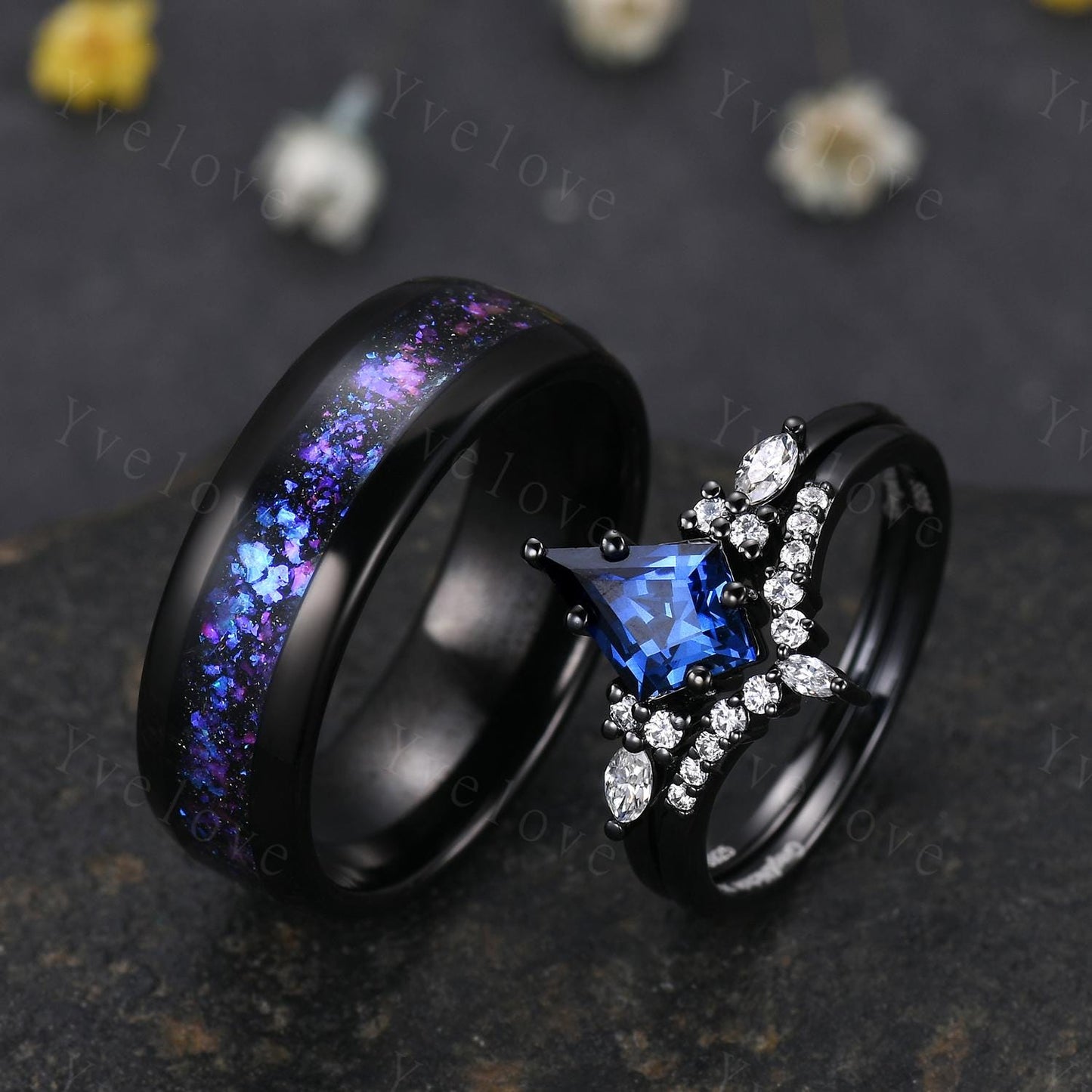 Blue Sapphire Outer Space Couples Ring Set,Galaxy Matching Ring,His and Hers Wedding Band,Tungsten Black Gold Silver Promise Engagement Ring