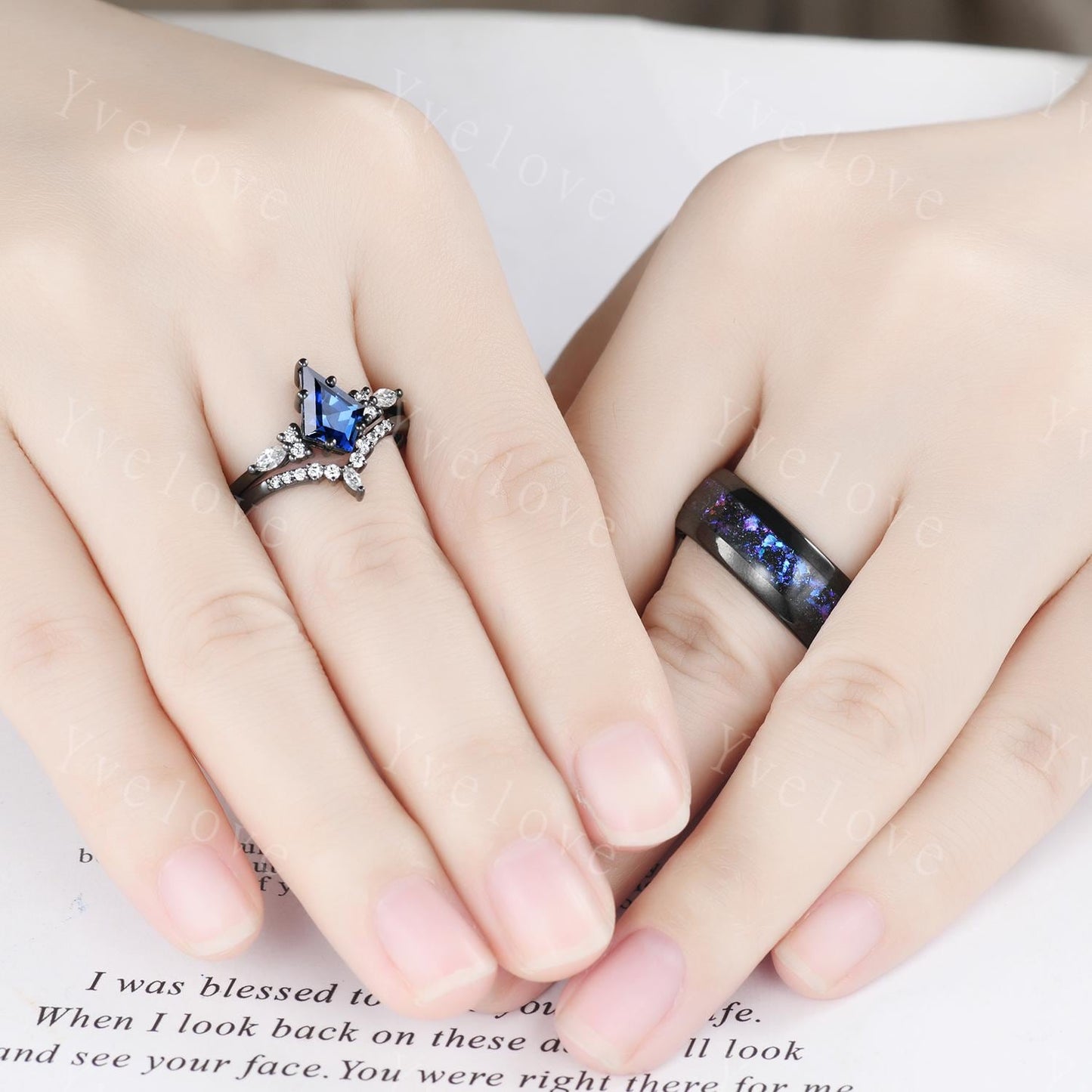 Blue Sapphire Outer Space Couples Ring Set,Galaxy Matching Ring,His and Hers Wedding Band,Tungsten Black Gold Silver Promise Engagement Ring