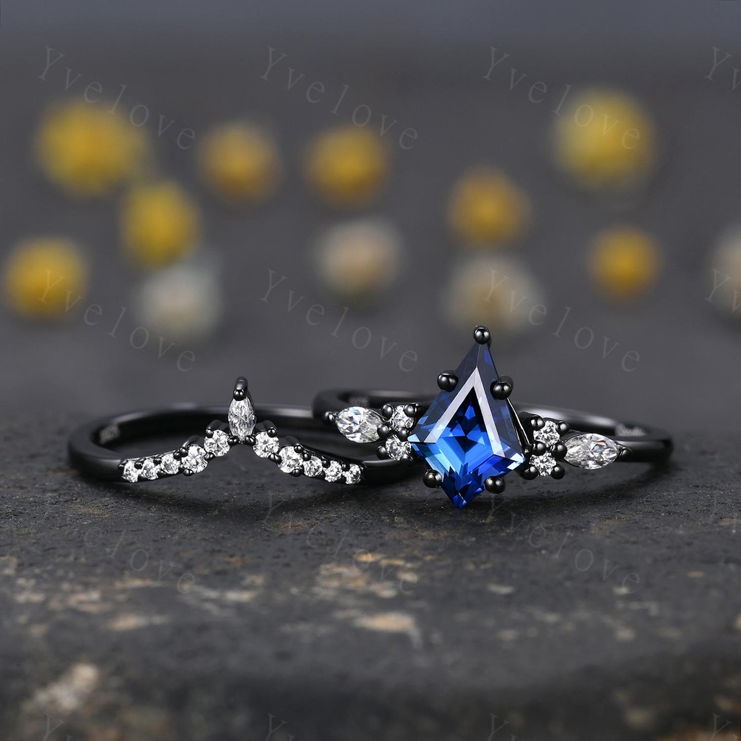Vintage Kite shaped Blue Sapphire Engagement Ring Set,Unique Bridal Ring Set,Marquise Moissanite,Black Gold Promise Ring Anniversary Gift