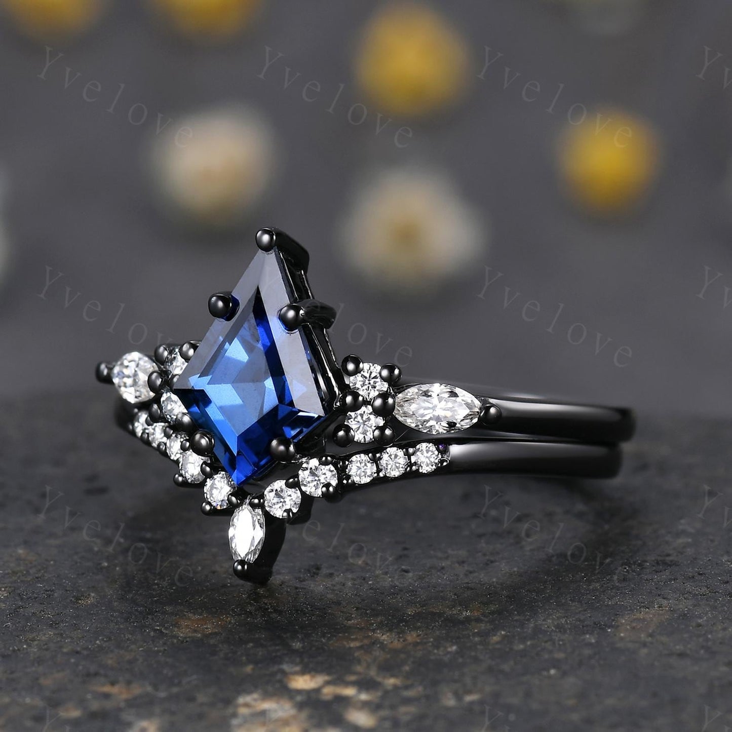 Vintage Kite shaped Blue Sapphire Engagement Ring Set,Unique Bridal Ring Set,Marquise Moissanite,Black Gold Promise Ring Anniversary Gift