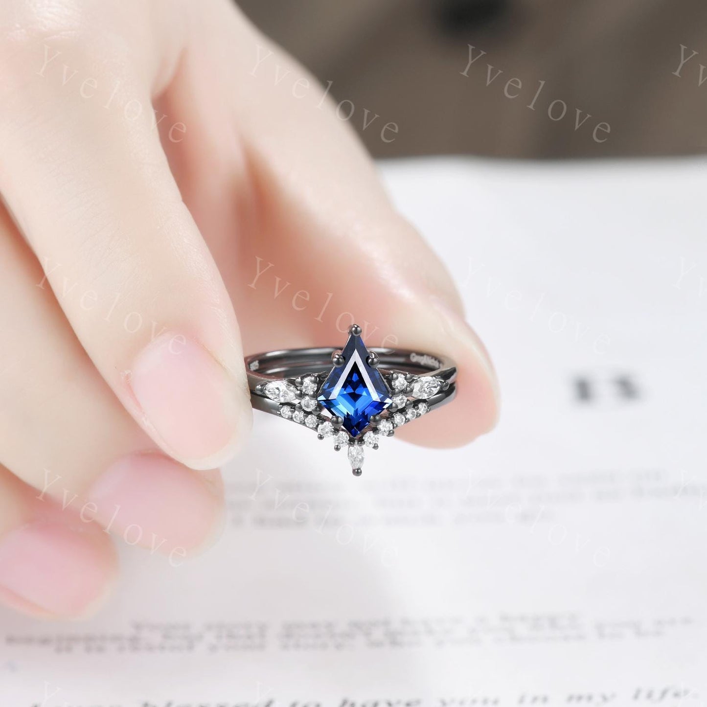 Vintage Kite shaped Blue Sapphire Engagement Ring Set,Unique Bridal Ring Set,Marquise Moissanite,Black Gold Promise Ring Anniversary Gift