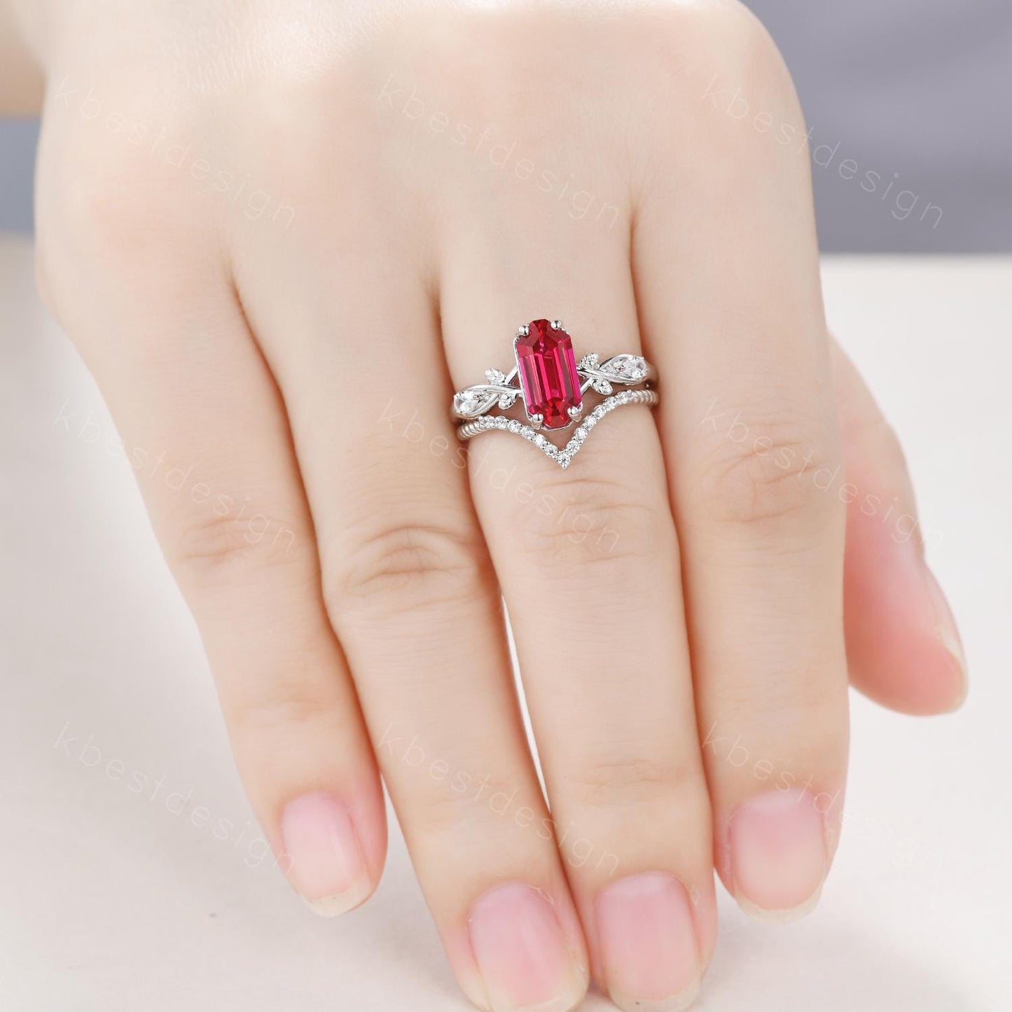 Long Emerald cut Ruby Engagement Ring Twig Leaf  Style Bridal Set Unique Curved Moissanite Wedding Ring Anniversary Promise Ring