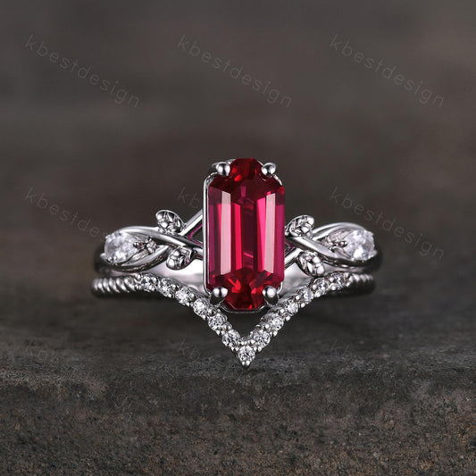 Long Emerald cut Ruby Engagement Ring Twig Leaf  Style Bridal Set Unique Curved Moissanite Wedding Ring Anniversary Promise Ring