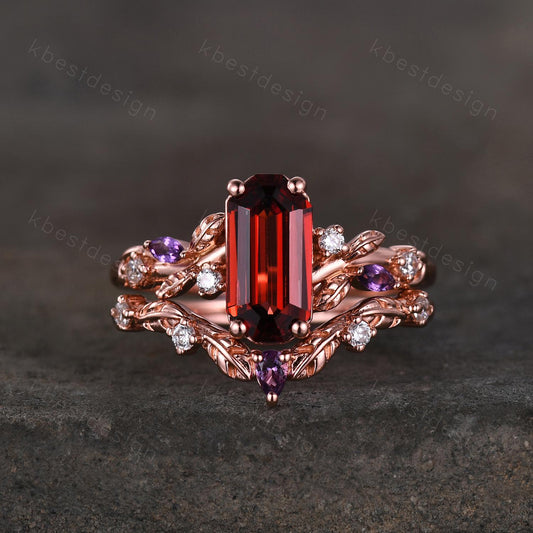 Vintage emerald garnet engagement ring set rose gold twig leaf amethyst ring nature branch ring unique art deco bridal wedding ring set