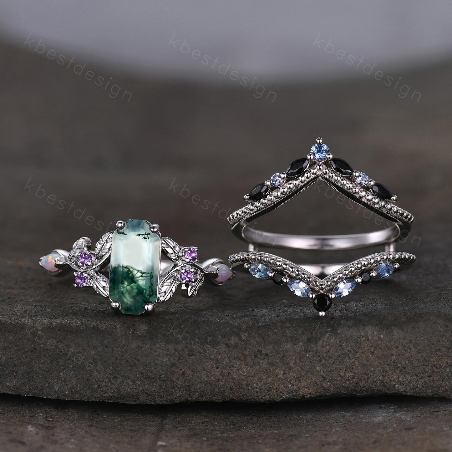 Antique Moss Agate Engagement Ring Set Retro Emerald cut Engagement Ring Unique Double Curved Alexandrite Stacking Band Bridal Promise Set