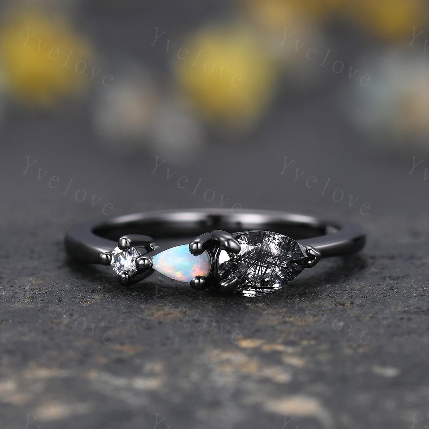 Vintage Black Rutilated Quartz Opal Engagement Ring,Pear Cut Gems,Art Deco Diamond Wedding Band,Unique Women Bridal Promise Ring,Black Gold