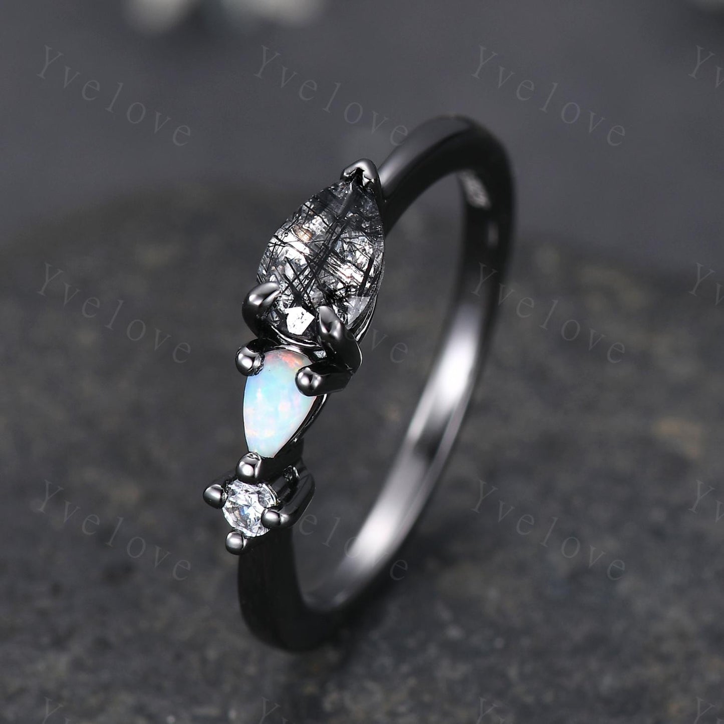 Vintage Black Rutilated Quartz Opal Engagement Ring,Pear Cut Gems,Art Deco Diamond Wedding Band,Unique Women Bridal Promise Ring,Black Gold