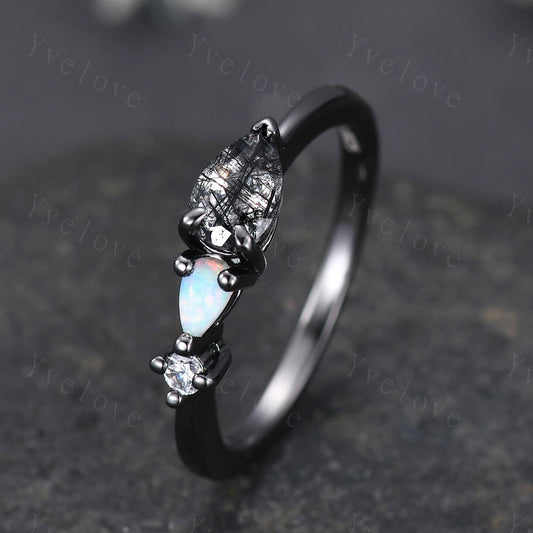 Vintage Black Rutilated Quartz Opal Engagement Ring,Pear Cut Gems,Art Deco Diamond Wedding Band,Unique Women Bridal Promise Ring,Black Gold