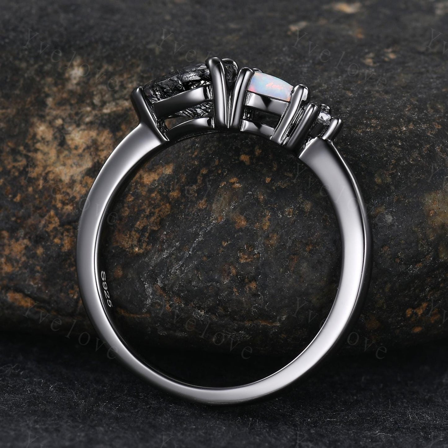 Vintage Black Rutilated Quartz Opal Engagement Ring,Pear Cut Gems,Art Deco Diamond Wedding Band,Unique Women Bridal Promise Ring,Black Gold
