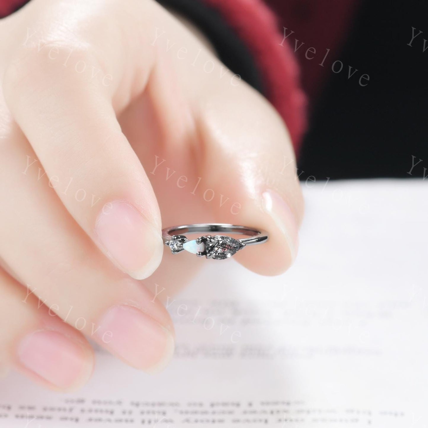 Vintage Black Rutilated Quartz Opal Engagement Ring,Pear Cut Gems,Art Deco Diamond Wedding Band,Unique Women Bridal Promise Ring,Black Gold