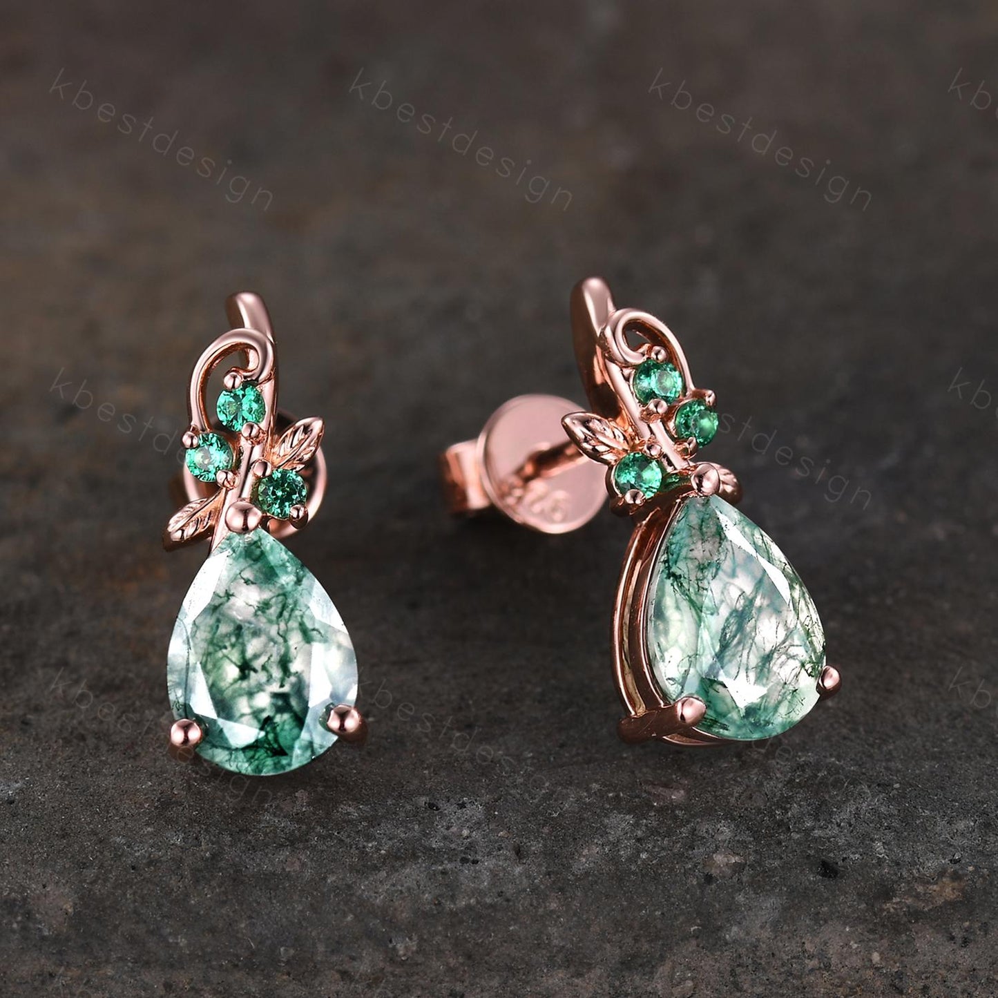 Nature inspired moss agate earrings women rose gold earring studs teardrop earrings art deco green agate studs anniversary gift for her