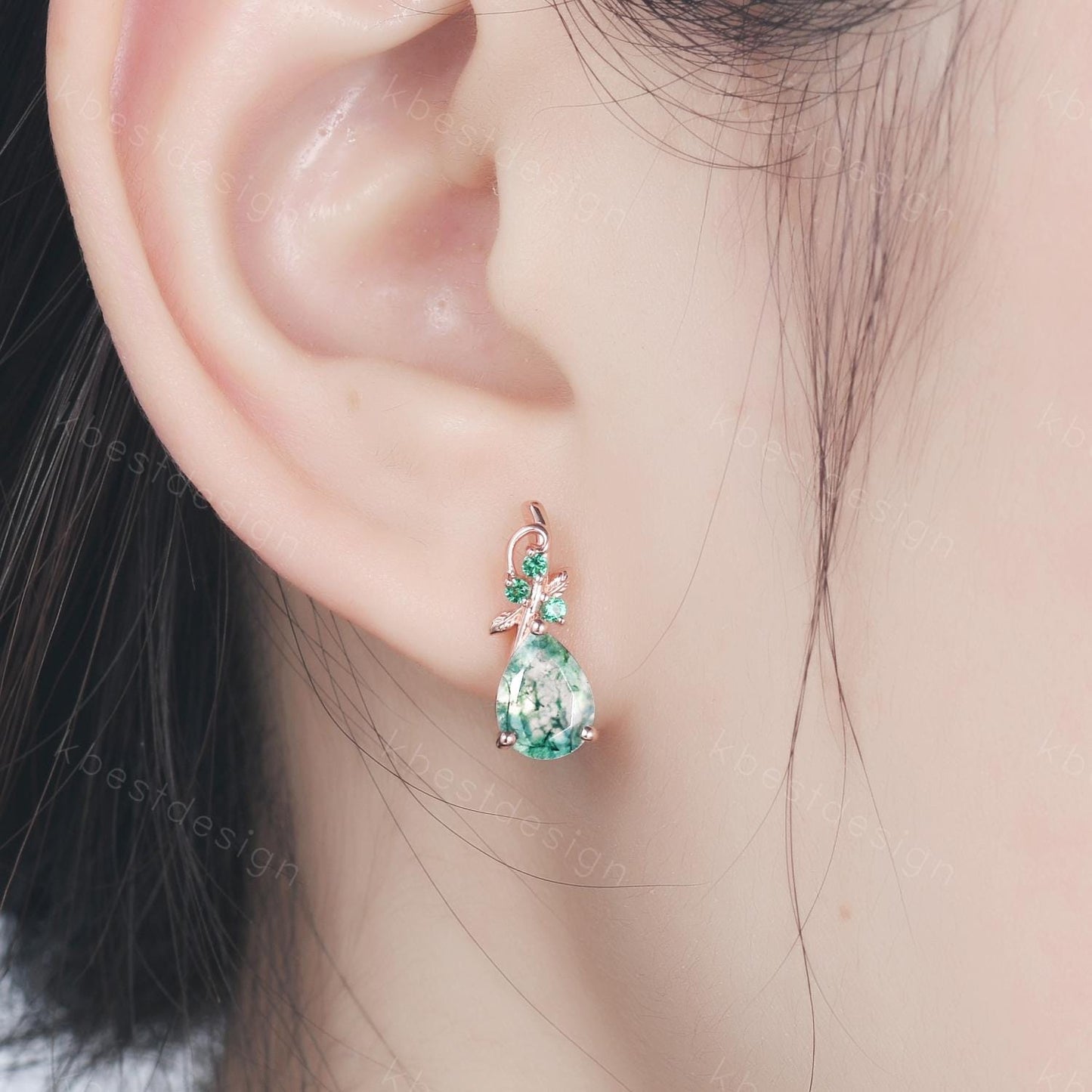 Nature inspired moss agate earrings women rose gold earring studs teardrop earrings art deco green agate studs anniversary gift for her