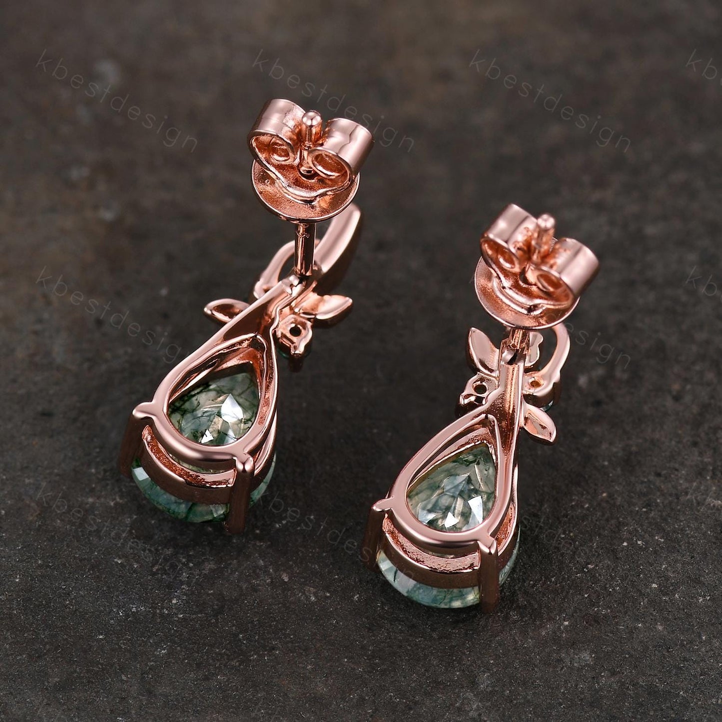 Nature inspired moss agate earrings women rose gold earring studs teardrop earrings art deco green agate studs anniversary gift for her