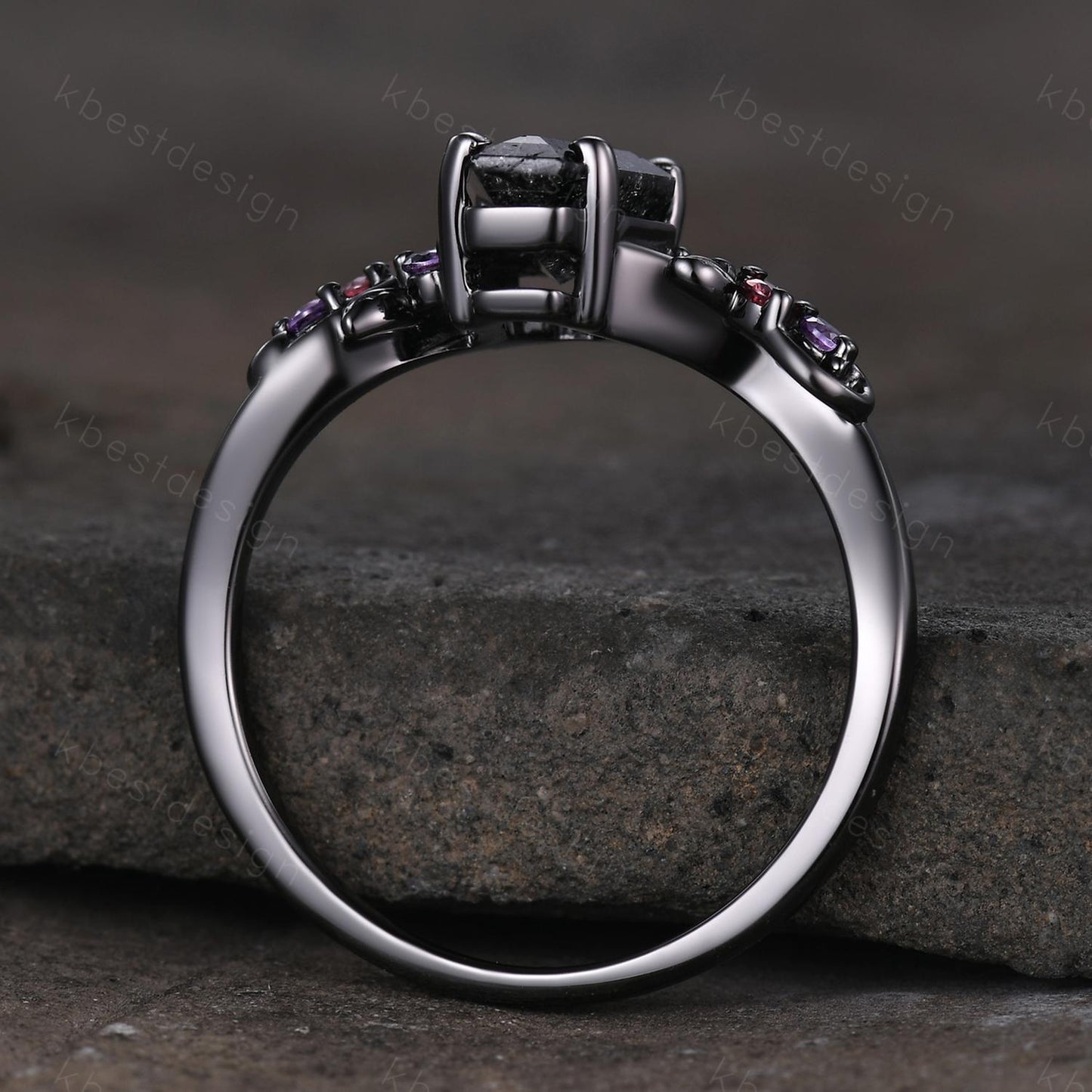Coffin cut black rutilated quartz engagement ring black gold ring Art deco leaf design amethyst Bridal ring Unique promise ring