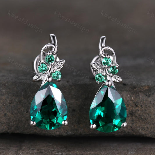 Nature inspired emerald earrings women 925 silver earring studs teardrop earrings art deco May birthstone studs anniversary gift for her