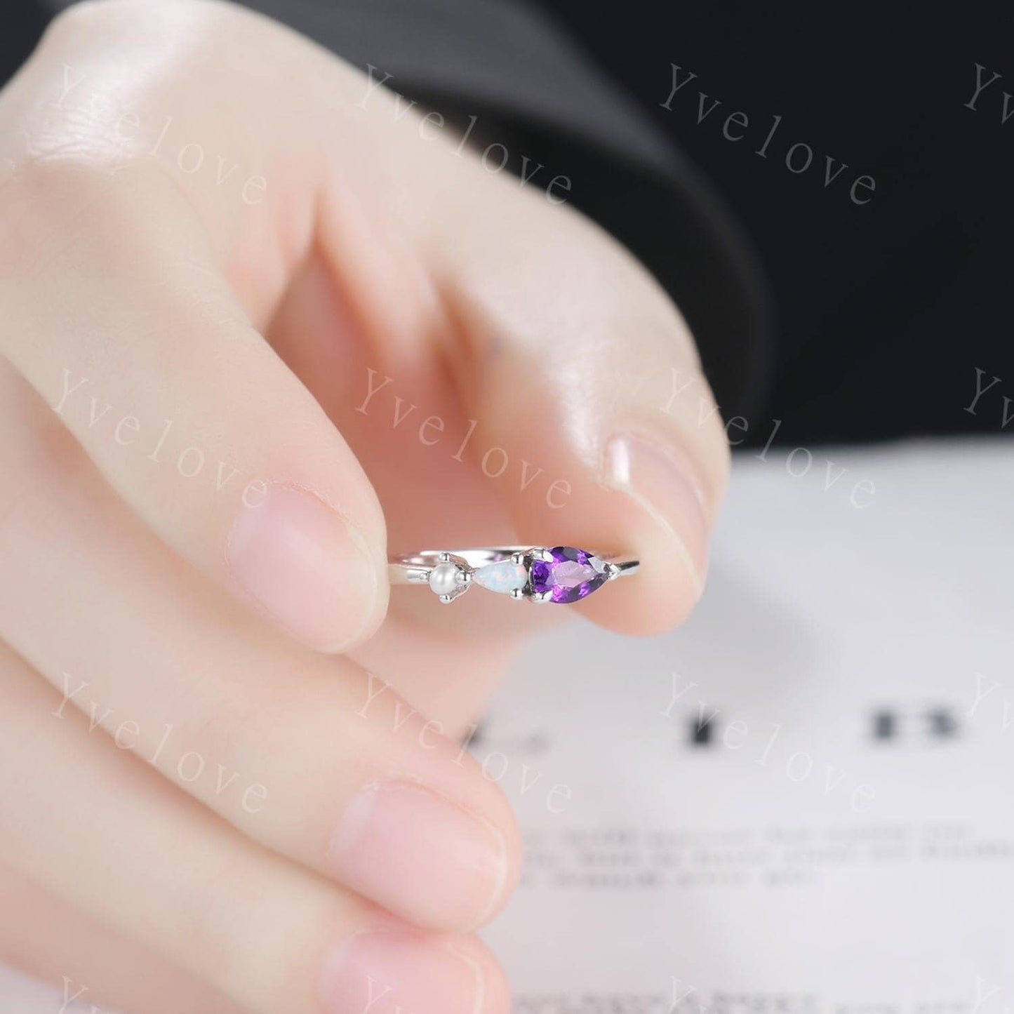 Vintage Amethyst Opal Engagement Ring,Pear Cut Gems,Art Deco Pearl Wedding Band,Unique Women Bridal Promise Ring,Sterling Silver Ring Gift