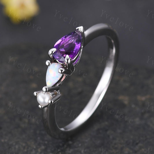 Vintage Amethyst Opal Engagement Ring,Pear Cut Gems,Art Deco Pearl Wedding Band,Unique Women Bridal Promise Ring,Sterling Silver Ring Gift