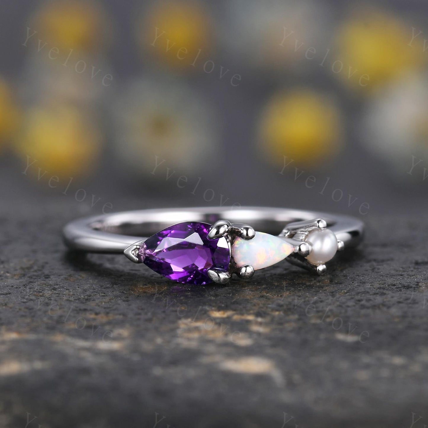Vintage Amethyst Opal Engagement Ring,Pear Cut Gems,Art Deco Pearl Wedding Band,Unique Women Bridal Promise Ring,Sterling Silver Ring Gift