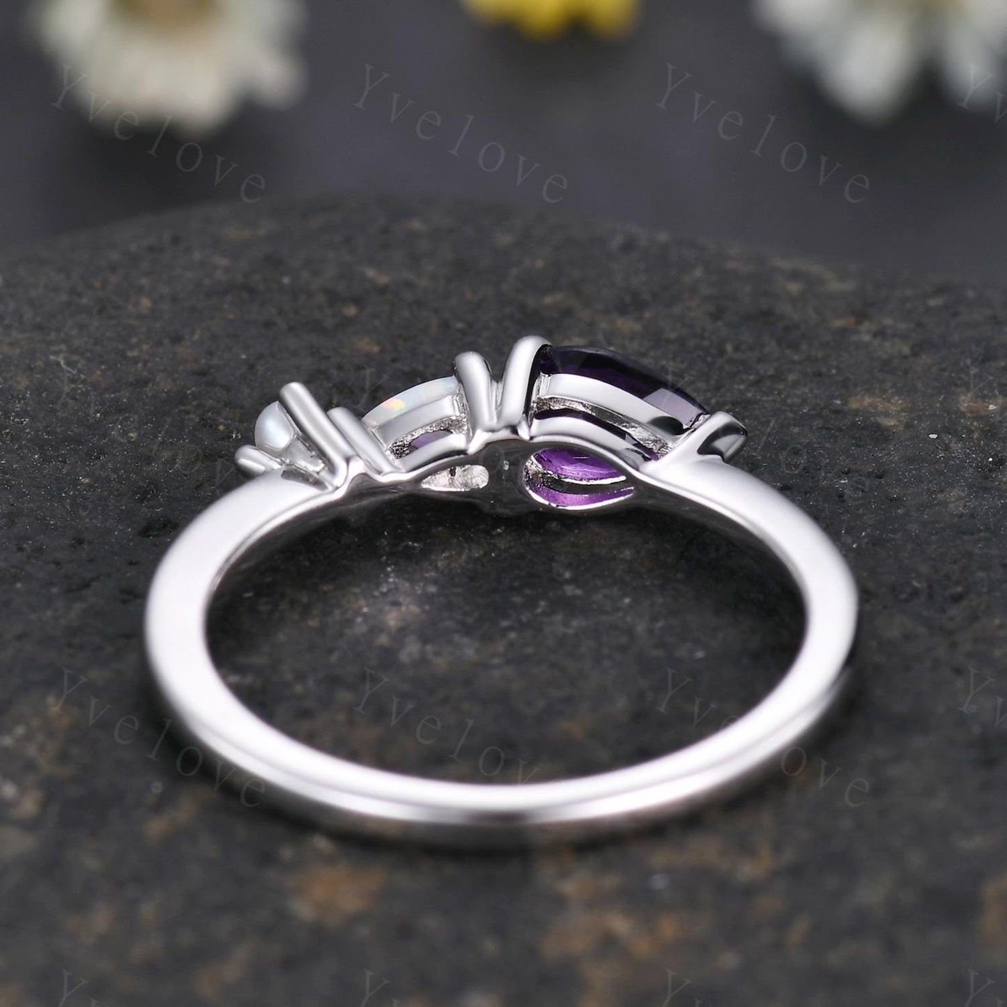 Vintage Amethyst Opal Engagement Ring,Pear Cut Gems,Art Deco Pearl Wedding Band,Unique Women Bridal Promise Ring,Sterling Silver Ring Gift