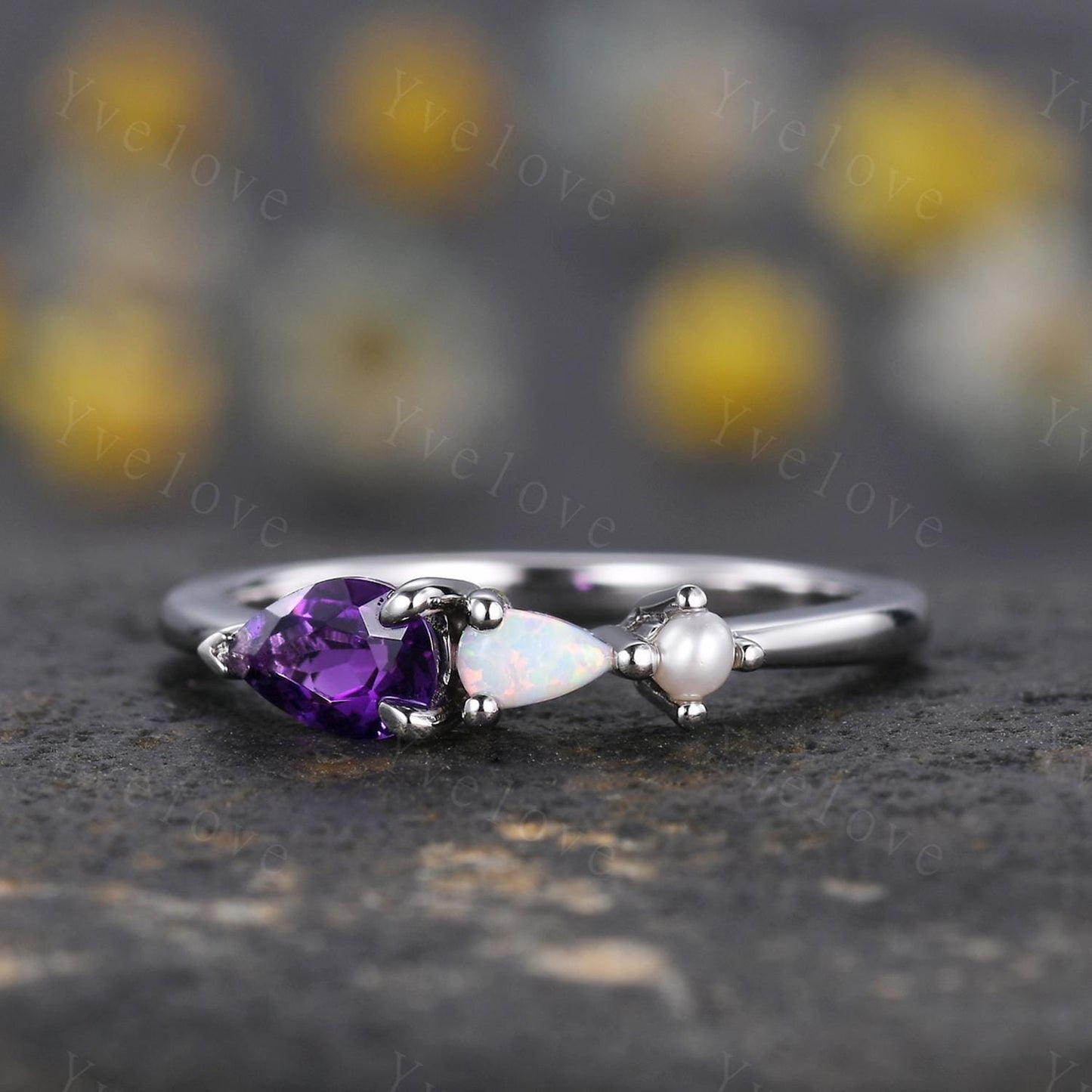 Vintage Amethyst Opal Engagement Ring,Pear Cut Gems,Art Deco Pearl Wedding Band,Unique Women Bridal Promise Ring,Sterling Silver Ring Gift
