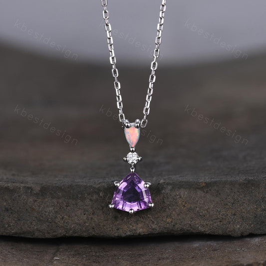 Vintage Amethyst Opal Necklace, White Gold Trillion cut Amethyst Pendant, February Birthstone Jewelry, Unique Art Deco Bridal Promise Gift