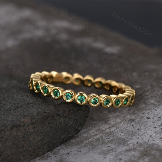 Bezel set Emerald wedding band yellow gold full eternity wedding band unique stacking matching band 1.5mm emerald ring Anniversary band