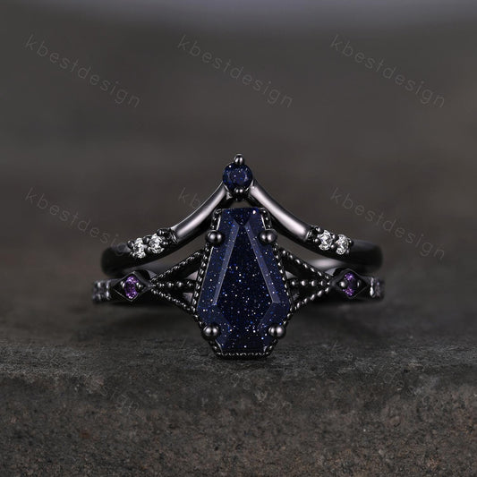 Vintage Coffin cut Blue Sandstone Engagement Ring Art Deco Galaxy Wedding Ring Gothic Black Gold Ring Unique Bridal Promise Set